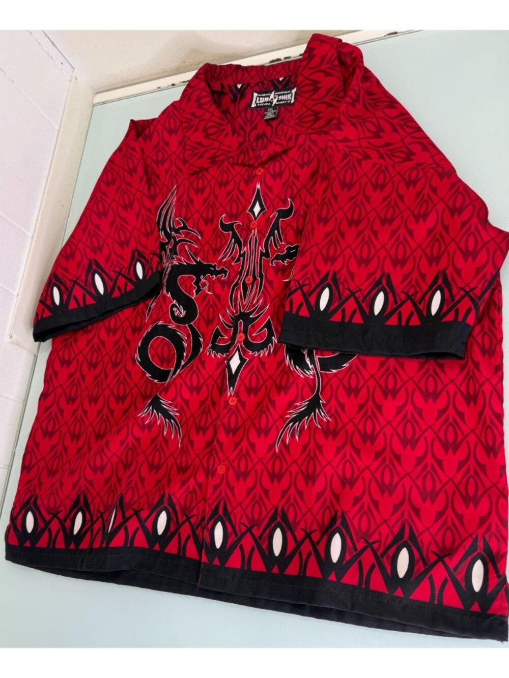 Vintage Y2K Shirt Mens XXL 2XL Button Up Dragon Oriental Short Sleeve